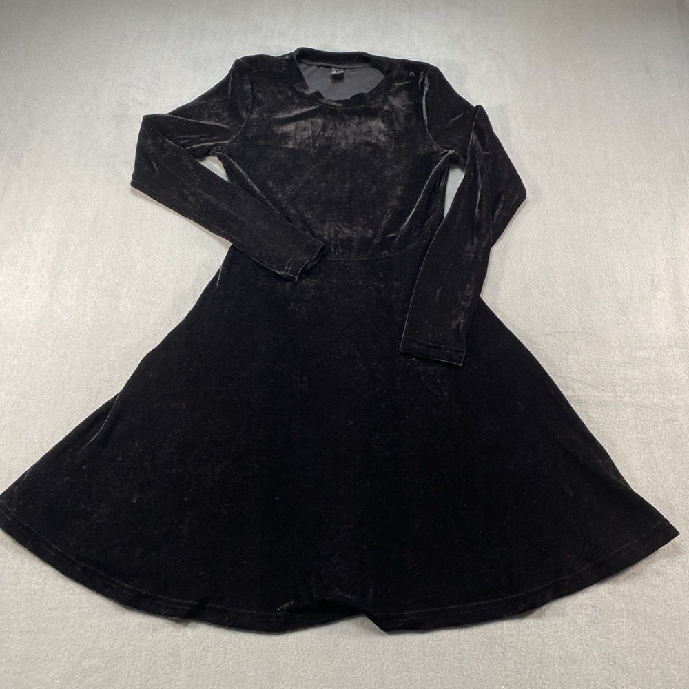 Shein Velour Dress Long Sleeve Black Flare Skirt Size 2